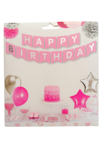 Pembe Happy Birthday Yazı Süsü – Doğum Günü Parti Afişi