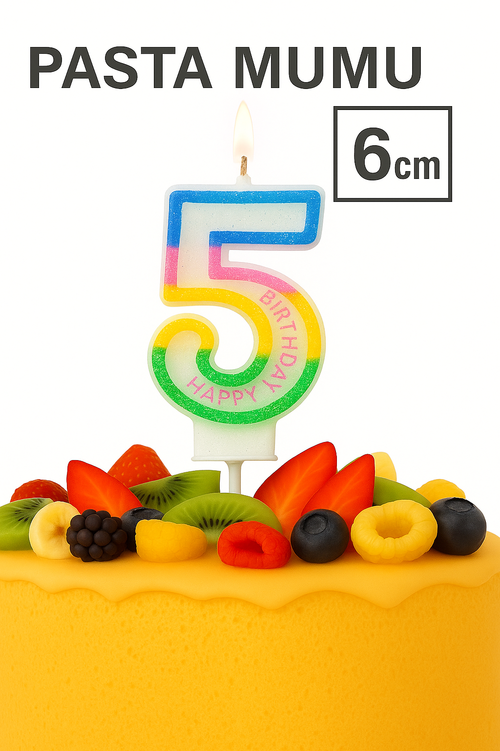 TRM Group Renkli Rakamlı Pasta Mumu 5 (6 cm) | Happy Birthday Yazılı | Simli Model
